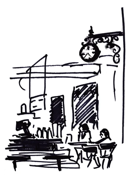 Графические Черно Белые Столы Посетители Часы Кафе Высокое Качество Иллюстрации — стоковое фото
