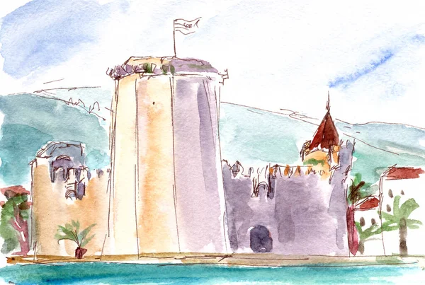 Voyage Croquis Aquarelle Dessin Forteresse Croatie Ville Trogir Illustration Haute — Photo