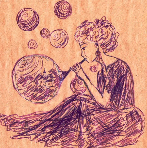 Ручной Рисунок Девушка Создает Миры Мыльных Пузырей Высокое Качество Иллюстрации — стоковое фото