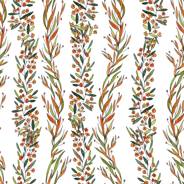 Бесшовный Узор Ветвей Узкими Длинными Листьями Оранжевыми Цветами Белом Фоне — стоковое фото