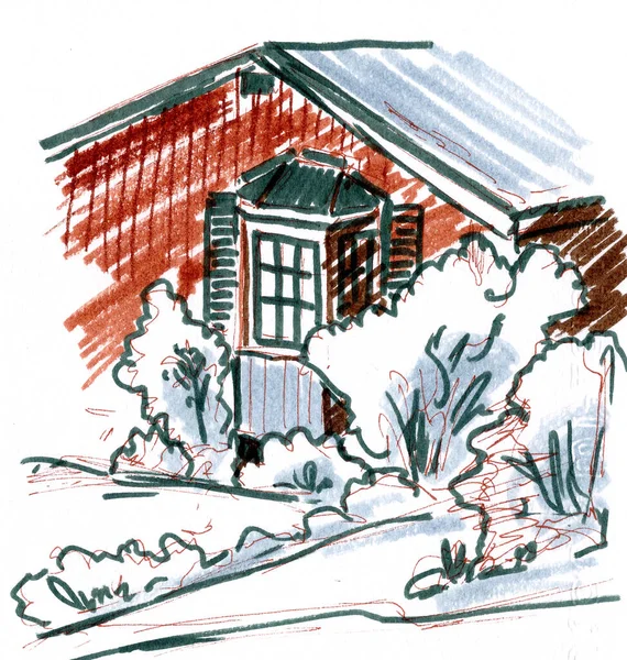 Graphic Color Travel Sketch Norwegian Cozy Rural House Mountainside High — Stock Photo, Image