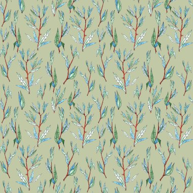 Dar, uzun yapraklı, yeşil arka planda kusursuz dallar. Grafik suluboya çizimi. Yüksek kaliteli illüstrasyon