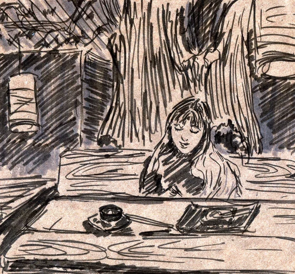 Kézzel Rajzolni Textúra Papír Lány Egy Kávézóban Kiváló Minőségű Illusztráció — Stock Fotó