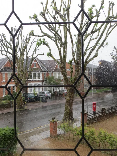 Rainy Day Typical English Street Brick Houses Frequent Glazing Windows — Stock fotografie