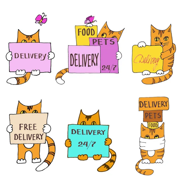Set Graphic Color Drawings Ginger Red Striped Cats Boxes Inscriptions — Stok fotoğraf