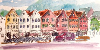 watercolor graphic image travel sketch historic promenade in Bergen Norway. High quality illustration
