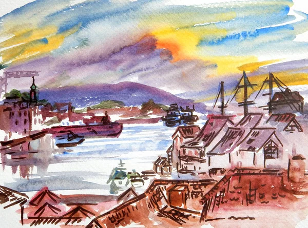 Watercolor Graphic Drawing Travel Sketch Sunset Bergen Norway High Quality — Zdjęcie stockowe