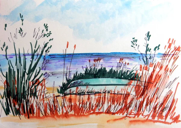 Watercolor Graphic Image Travel Sketch Upside Boat Grass Sea High — Zdjęcie stockowe