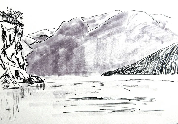 Travel Sketch Graphic Black White Drawing Norwegian Fjord Flom Mountains — Stock Fotó