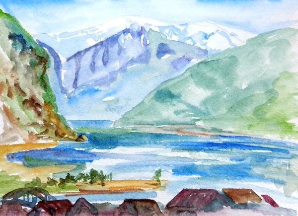 travel sketch watercolor drawing of norwegian fjord Flom and mountains around. High quality illustration