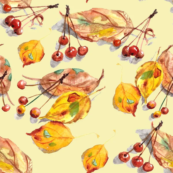 seamless pattern of watercolor drawing set of autumn leaves and small ornamental paradise apples on a yellow background. High quality illustration