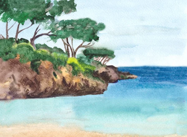 Boceto Viaje Acuarela Dibujo Del Paisaje Costero Mediterráneo Con Pinos — Foto de Stock