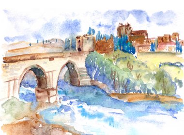 Nehir, köprü ve Toledo 'nun suluboya manzarası, seyahat çizimi. Yüksek kaliteli illüstrasyon