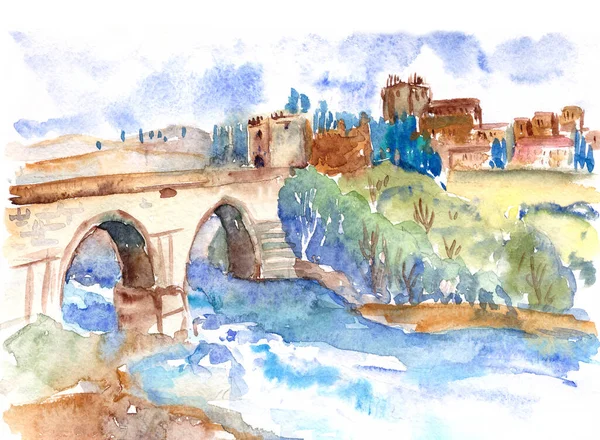 Akvarell Ritning Landskap Utsikt Över Floden Bro Och Toledo Spanien — Stockfoto