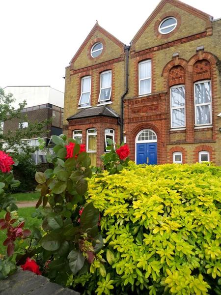 english street with typical brick houses and front gardens in front of them. High quality photo