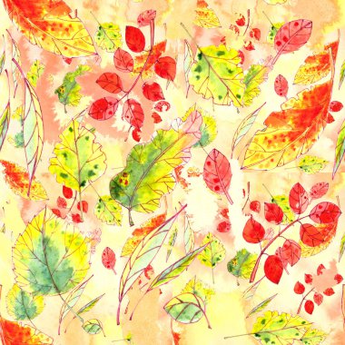 seamless pattern of autumn yellow, red, orange, green leaves on a textured yellow orange background. graphic color picture. High quality illustration
