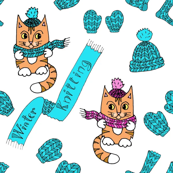 Seamless Pattern Cats Winter Scarves Hats Winter Knitting Lettering Graphic — Stock Photo, Image