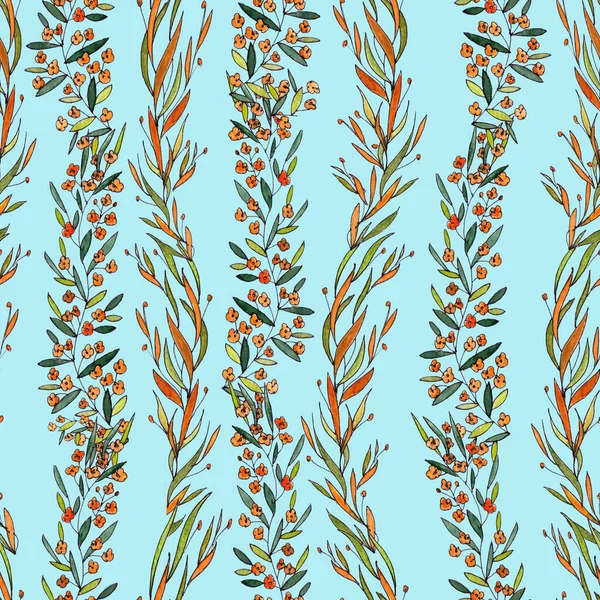 Seamless Pattern Vertical Stripes Branches Narrow Leaves Orange Flowers Turquoise — Stock Photo, Image