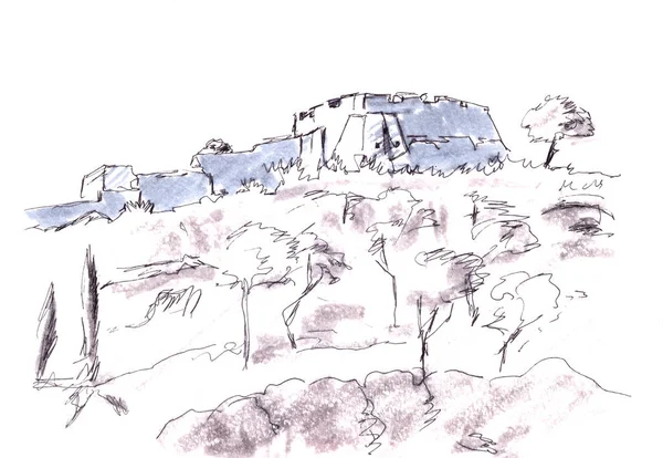 graphic black and white drawing travel sketch fortress Santa Barbara in Alicante, Spain. High quality illustration