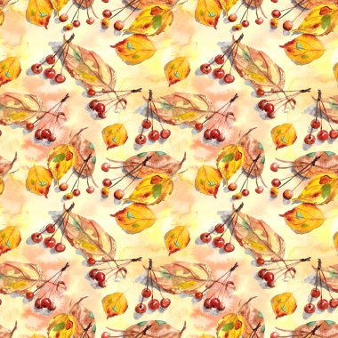 Sonbahar yapraklarından oluşan kusursuz bir desen ve sarı arka planda küçük süs bahçesi elmaları. Yüksek kaliteli illüstrasyon