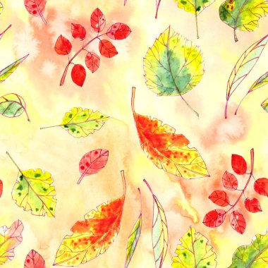 Sonbahar sarısı, kırmızı, turuncu, yeşil yaprakların dokulu sarı arkaplanda kusursuz deseni. grafik renk resmi. 