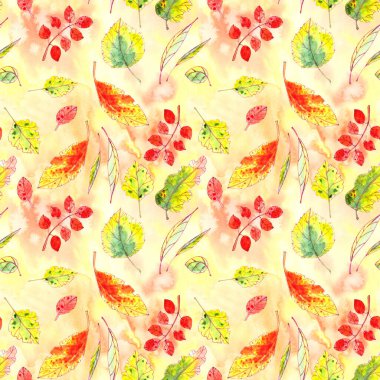 Sonbahar sarısı, kırmızı, turuncu, yeşil yaprakların dokulu sarı arkaplanda kusursuz deseni. grafik renk resmi. 