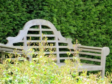 Yaz bahçesindeki çalıların arasında sırtı olan ahşap bir bank. Yüksek kalite fotoğraf