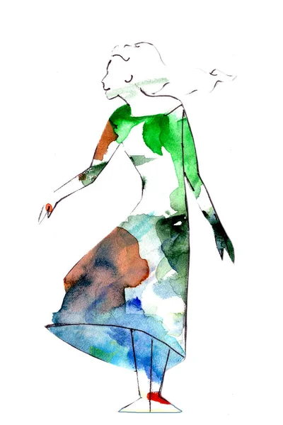 Personagem aquarela desenho menina com cabelos longos em um fundo branco — Fotografia de Stock