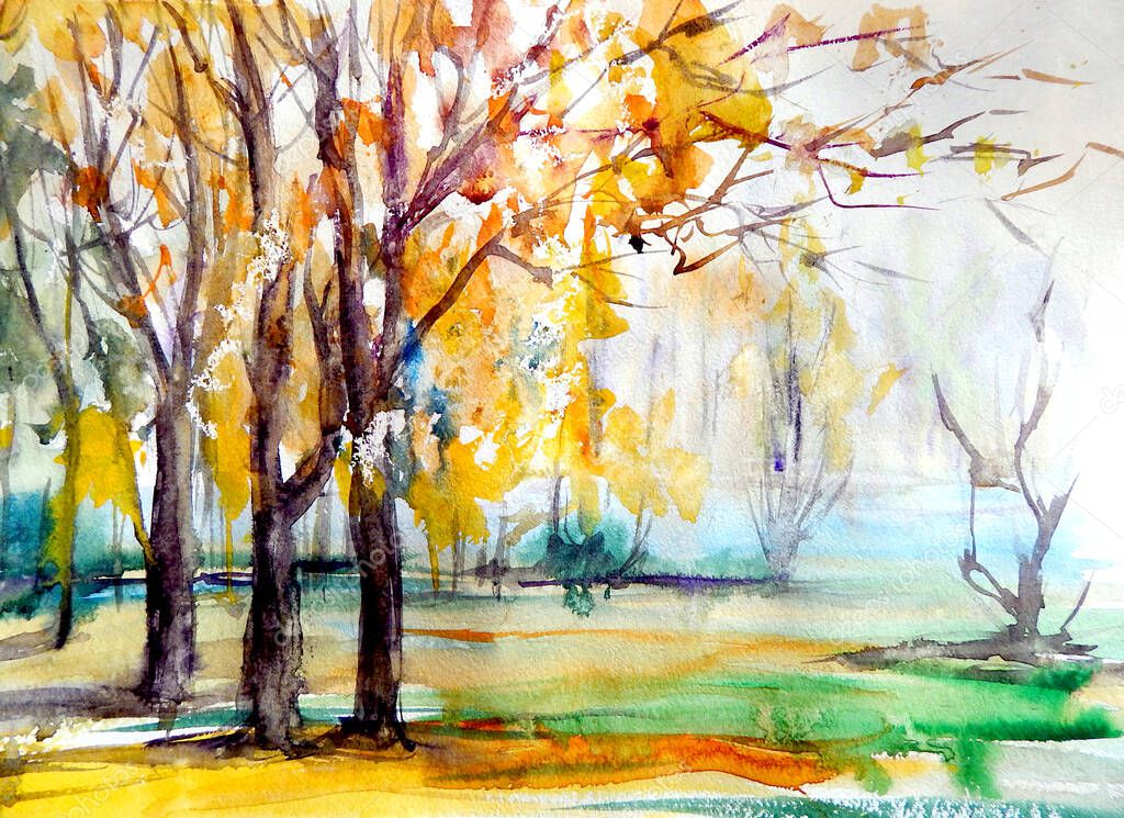 watercolor drawing of autumn forest or park with yellow foliage. High quality illustration