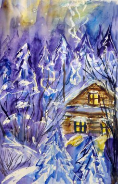 Kar ormanlarında güneş batarken pencerelerinde ışık olan karla kaplı köy evi, Noel ağaçları, suluboya çizimler. Yüksek kaliteli illüstrasyon