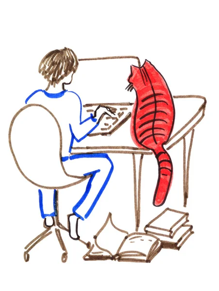 Αγόρι Φορητό Υπολογιστή Και Βιβλία Κάθεται Ένα Τραπέζι Γάτα Τζίντζερ — Φωτογραφία Αρχείου