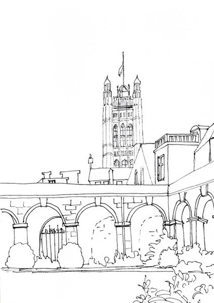 ウェストミンスター寺院の中庭と議会の塔 ロンドン グラフィック黒と白の図面 旅行スケッチ 高品質のイラスト — ストック写真