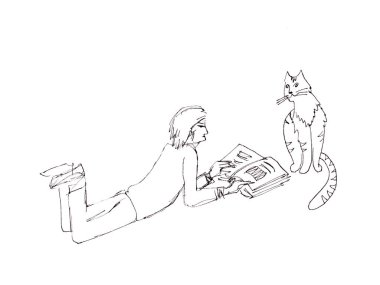 Kitapları ve kedisi olan çocuk, uzaktan öğrenme, karantina, grafik siyah beyaz desenli. Yüksek kaliteli illüstrasyon