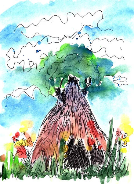 大きな背の高い木と足の花 グラフィック色のパターン 高品質のイラスト — ストック写真