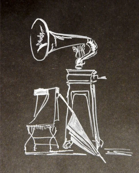 Blanc Sur Dessin Graphique Noir Vieux Gramophone Sur Table Chevet — Photo