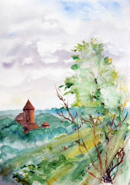 Vista Castelo Turaida Castelo Sigulda Letônia Desenho Aquarela Esboço Viagem — Fotografia de Stock