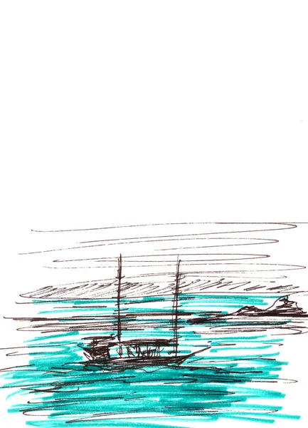 Yacht Turquoise Background South Sea Graphic Drawing Travel Sketch Copy — Stock Photo, Image