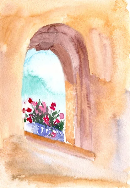 Fiori Rossi Una Pentola Nella Finestra Arco Motivo Acquerello Illustrazione — Foto Stock