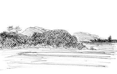 Deniz manzarası, grafik siyah beyaz desen, seyahat çizimi. Yüksek kaliteli illüstrasyon