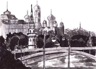 Moskova Kremlin 'in panoramik görüntüsü, grafik siyah beyaz desen, seyahat skeci. Yüksek kaliteli illüstrasyon