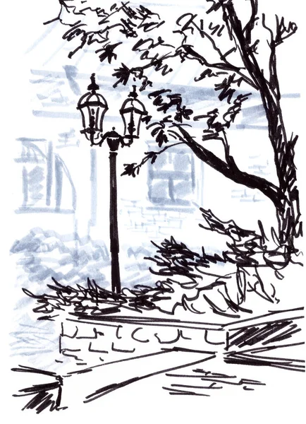 Дерево Вулична Лампа Тлі Старого Будинку Ескіз Подорожі Графічний Монохромний — стокове фото
