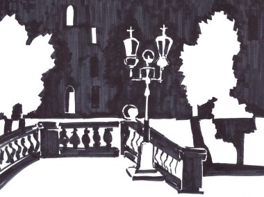 Çok katlı bir binanın arka planına karşı açık çit ve sokak lambası, grafik siyah beyaz desenli, şehir çizimi. Yüksek kaliteli illüstrasyon