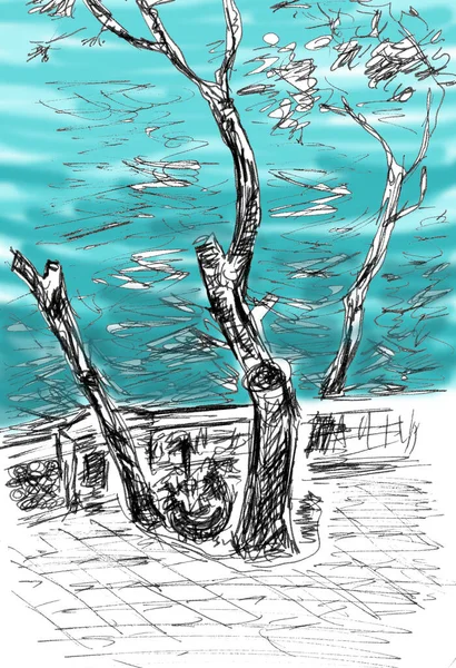 Árvores Perto Mar Padrão Gráfico Cores Esboço Viagem Ilustração Alta — Fotografia de Stock