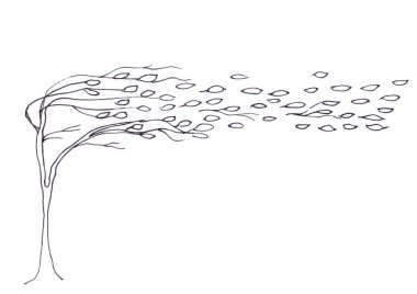 Rüzgarda savrulan sonbahar ağacı, düşen yapraklar, grafik siyah beyaz desen, kopyalama alanı. Yüksek kaliteli illüstrasyon