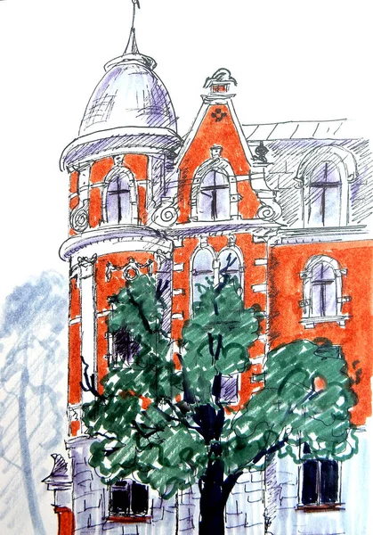 예술의 형태로 건물을 후기의 수도인 리가에 Jugendstil 그래픽 스케치 질높은 — 스톡 사진