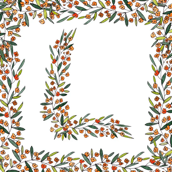 Buchstabe L des englischen und lateinischen floralen Alphabets. farbenfrohe Grafik in quadratischem Rahmen auf weißem Hintergrund. Buchstabe L von Zweigen mit orangefarbenen Blüten. — Stockfoto