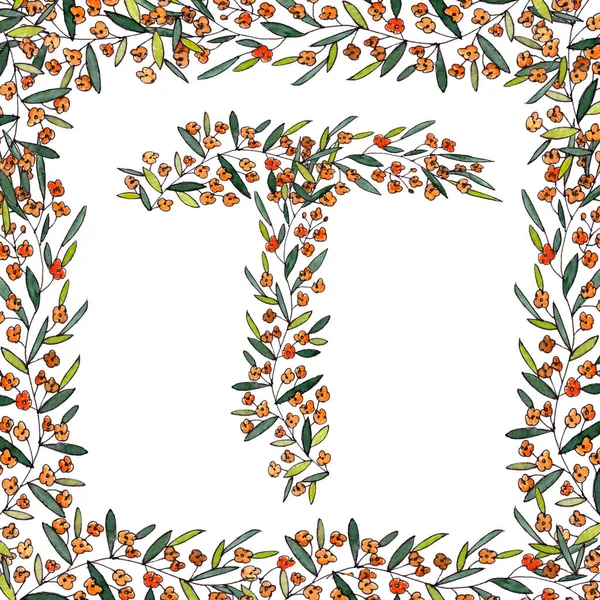 Buchstabe T des englischen und lateinischen floralen Alphabets. farbenfrohe Grafik in quadratischem Rahmen auf weißem Hintergrund. Buchstabe T von Zweigen, die mit orangen Blüten blühen. — Stockfoto