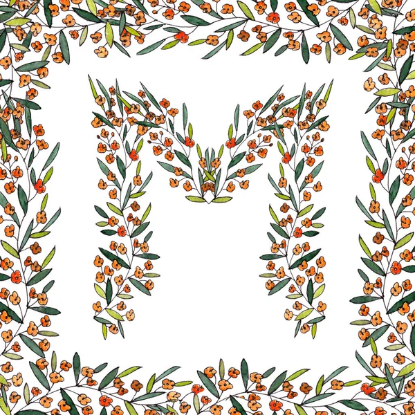 Buchstabe M des englischen und lateinischen floralen Alphabets. Grafik in quadratischem Rahmen auf weißem Hintergrund. Buchstabe M von Zweigen, die mit orangen Blüten blühen. — Stockfoto