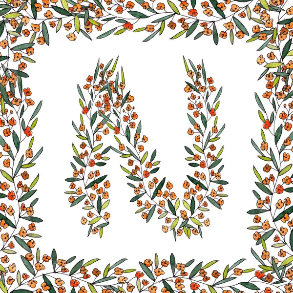 letter N of the english and latin floral alphabet. graphic in square frame on a white background. letter N of sprigs blooming with orange flowers.