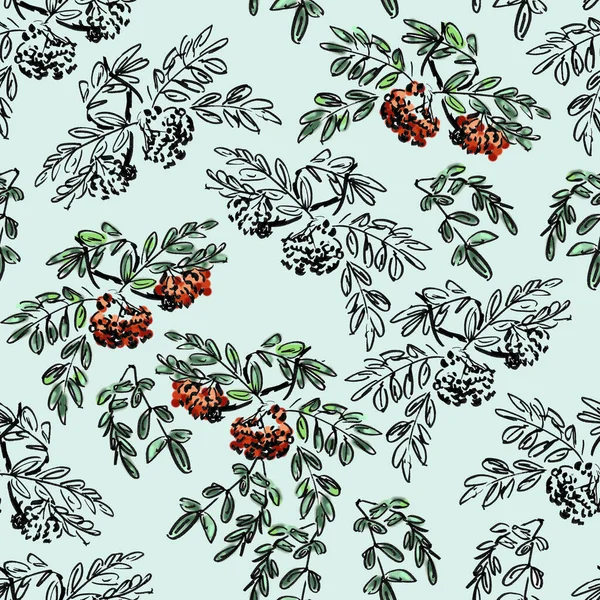 seamless pattern of rowan branch with autumn leaves and ash berries, graphic pattern, botanical sketch, set of colored and black and white illustrations on a turquoise background. High quality illustration